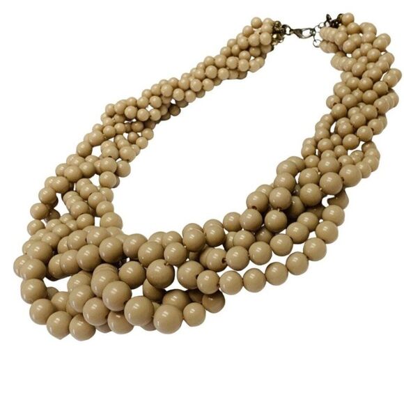 Vintage Tan Beige Beaded Multi Strand Braided Trendy Statement Necklace - Picture 2 of 7